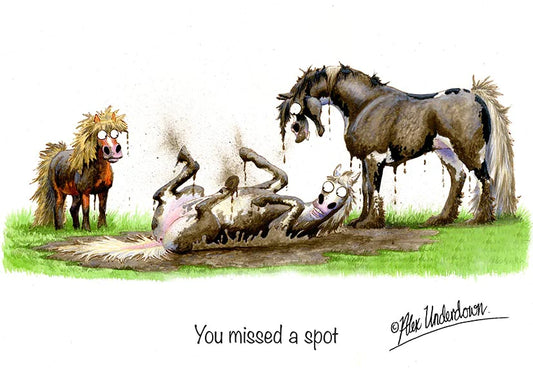 Horse greeting card "You missed a spot" by Alex Underdown.