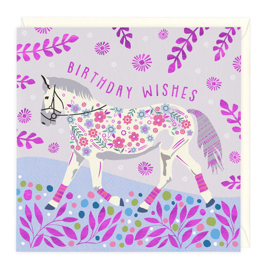 FLORAL PINK HORSE BIRTHDAY CARD